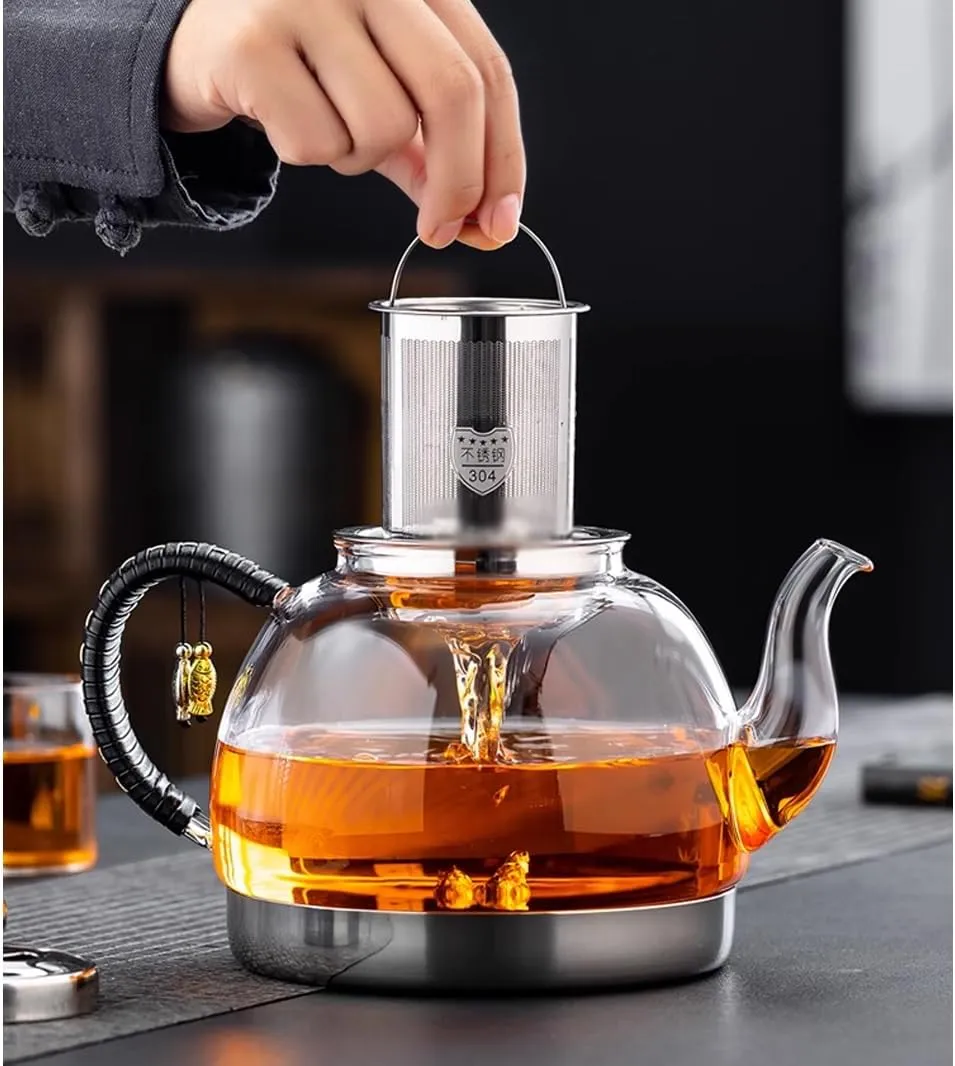 Induction Cooker Special Teapot With Cool Handle, Heat Resistant Borosilicate Glass Teapot With Stainless Steel Inner Filter, Tea Kettle Stovetop Glass Flower T A-1.2L