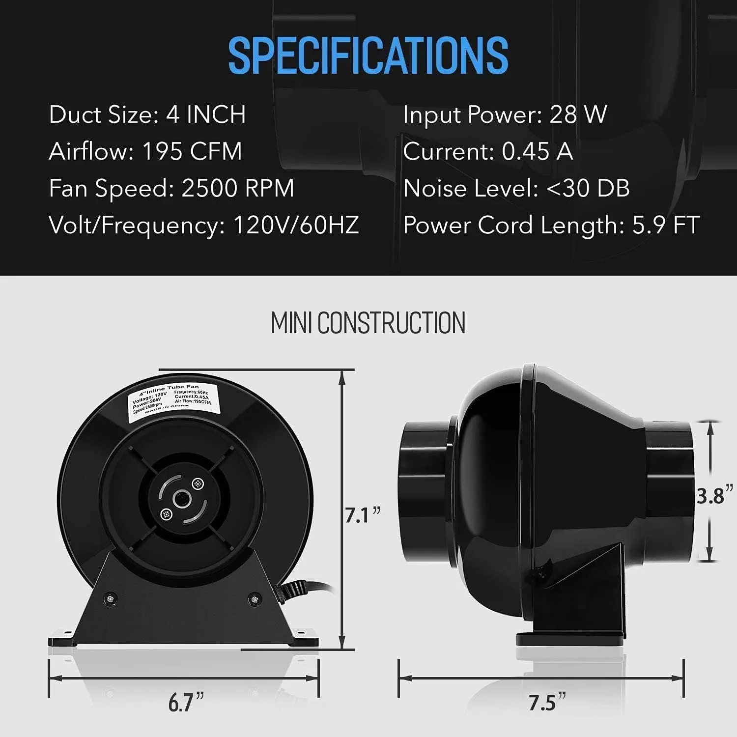 iPower 4 Inch 195 CFM Inline Fan Circulation Vent Blower, Air Carbon Filter, 8 Feet PVC Ducting and 1-Pair Rope for Grow Tent Ventilation, Low Noise