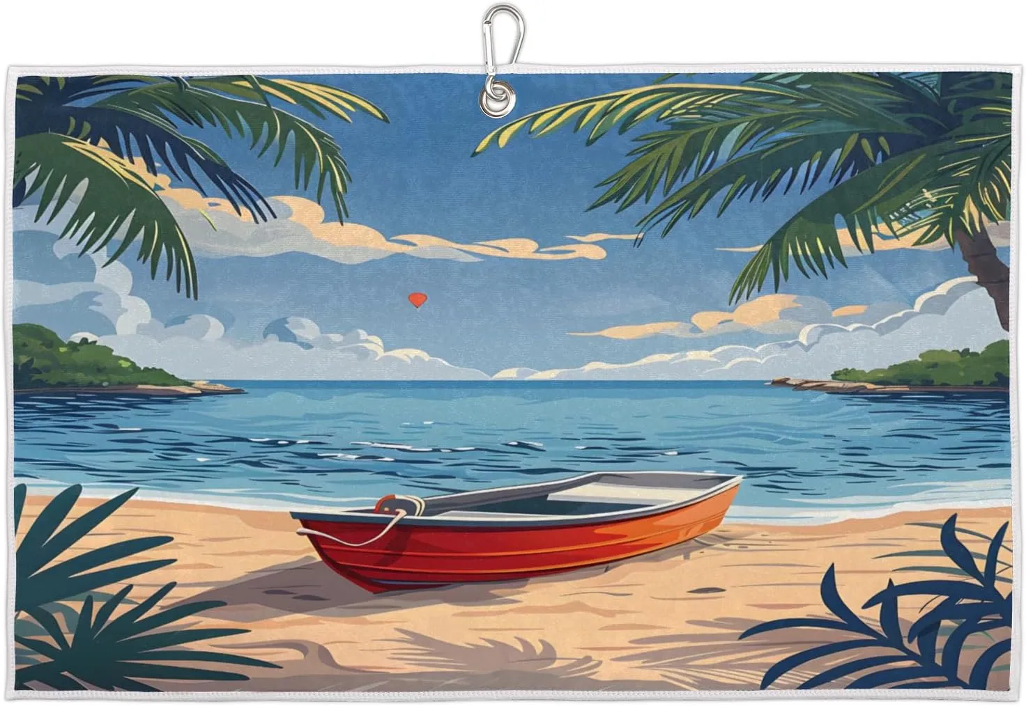 Island Boat Coconut Tree Golf Towel with Heavy Duty Carabiner Clip Quick Dry Ultra Absorbent Club Ball Cleaning Towel Golf Accessories for Men Women
