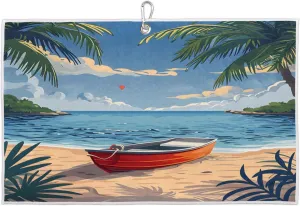 Island Boat Coconut Tree Golf Towel with Heavy Duty Carabiner Clip Quick Dry Ultra Absorbent Club Ball Cleaning Towel Golf Accessories for Men Women