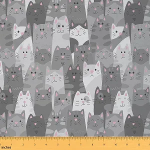 jejeloiu Cartoon Cat Fabric by The Yard Cats Print Cute Kitten Upholstery Fabric for Chairs, Cat Lover's Gift Black Decorative Waterproof Outdoor Fabric, 2 Yard