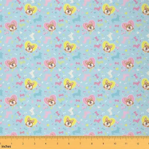 jejeloiu Corgi Fabric by The Yard Kawaii Cartoon Dog Heart Print Upholstery Fabric for Chairs, Puppy Dog Decorative Waterproof Outdoor Fabric, 2 Yards
