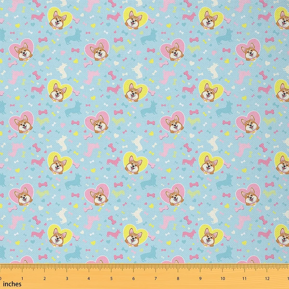 jejeloiu Corgi Fabric by The Yard Kawaii Cartoon Dog Heart Print Upholstery Fabric for Chairs, Puppy Dog Decorative Waterproof Outdoor Fabric, 2 Yards