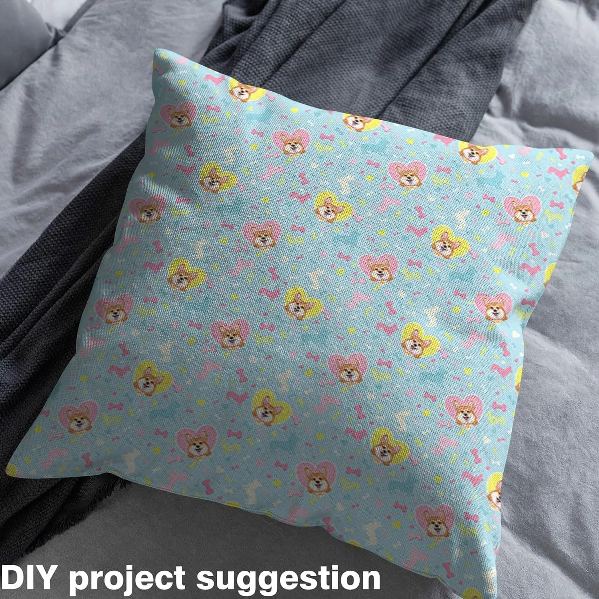 jejeloiu Corgi Fabric by The Yard Kawaii Cartoon Dog Heart Print Upholstery Fabric for Chairs, Puppy Dog Decorative Waterproof Outdoor Fabric, 2 Yards
