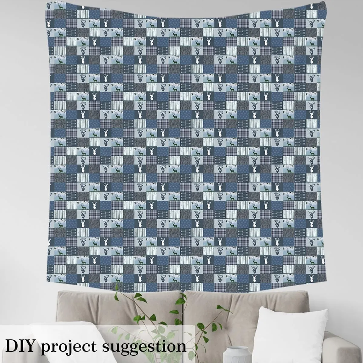 jejeloiu Deer Hunting Fabric by The Yard Beer Antlers Plaid Upholstery Fabric for Chairs, Western Farmhouse Wild Animal Blue Decorative Waterproof Outdoor Fabric, 1 Yard