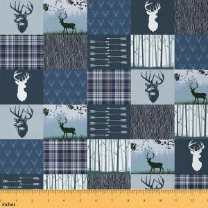 jejeloiu Deer Hunting Fabric by The Yard Beer Antlers Plaid Upholstery Fabric for Chairs, Western Farmhouse Wild Animal Blue Decorative Waterproof Outdoor Fabric, 1 Yard