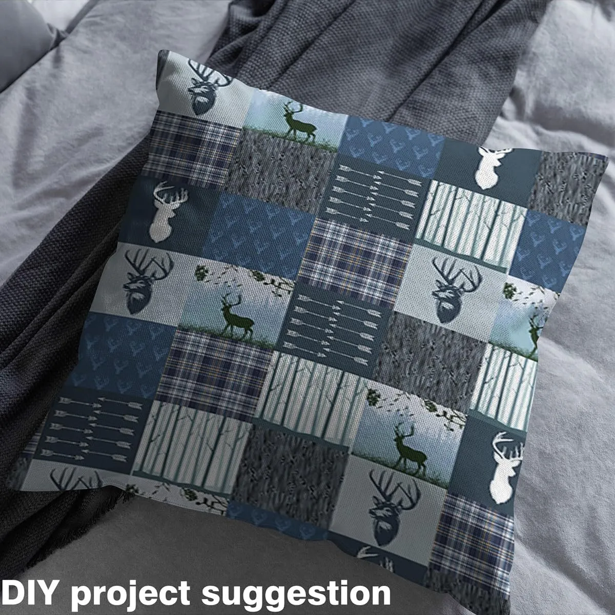 jejeloiu Deer Hunting Fabric by The Yard Beer Antlers Plaid Upholstery Fabric for Chairs, Western Farmhouse Wild Animal Blue Decorative Waterproof Outdoor Fabric, 1 Yard