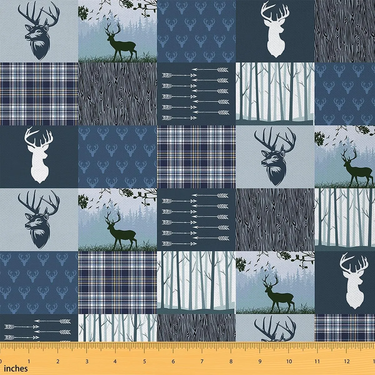 jejeloiu Deer Hunting Fabric by The Yard Beer Antlers Plaid Upholstery Fabric for Chairs, Western Farmhouse Wild Animal Blue Decorative Waterproof Outdoor Fabric, 1 Yard