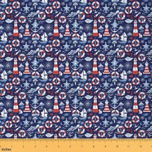 jejeloiu Nautical Upholstery Fabric for Chairs 2 Yards Anchor Lighthouse Decor Fabric by The Yard Ocean Blue Decorative Waterproof Outdoor Fabric Women Men Teens Sea Decor Outdoor Fabric