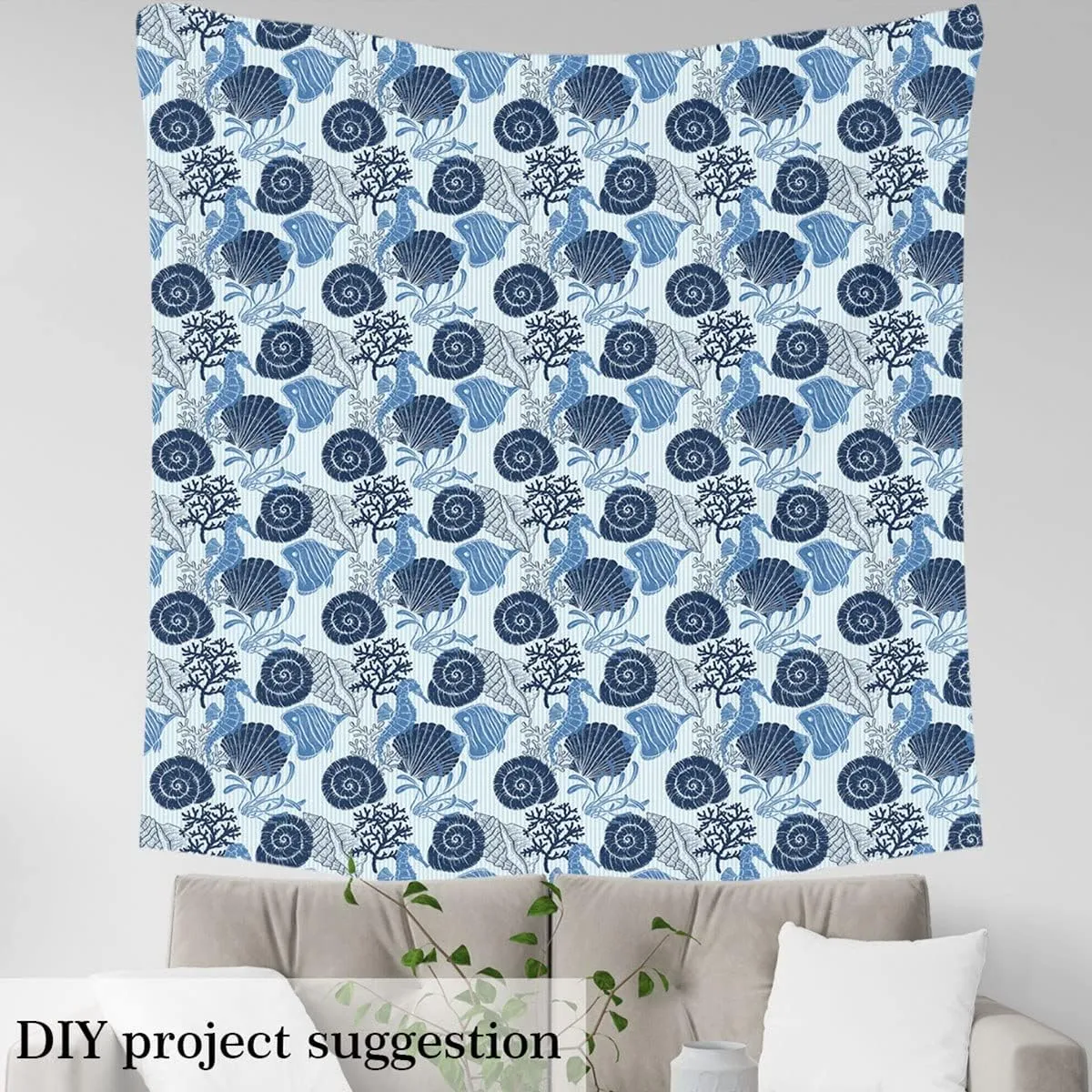 jejeloiu Seahorse Fabric by The Yard, Ocean Shell Fish Coral Upholstery Fabric, Sea Creatures Sealife Outdoor Fabric, Marine Blue Stripes Reupholstery Fabric for Chairs, 2 Yards, Navy Blue
