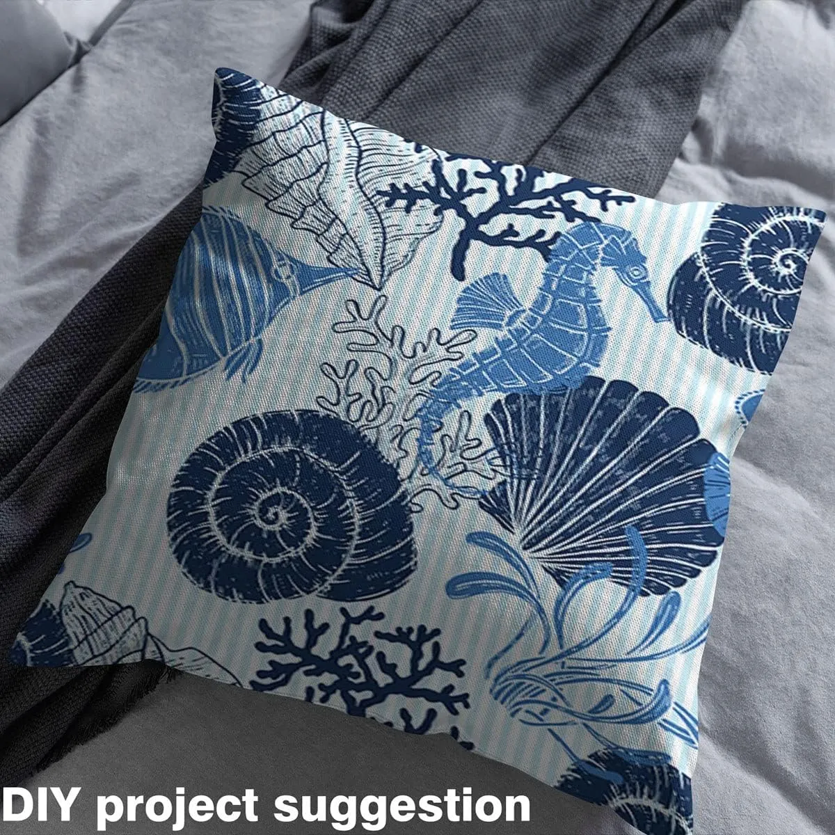jejeloiu Seahorse Fabric by The Yard, Ocean Shell Fish Coral Upholstery Fabric, Sea Creatures Sealife Outdoor Fabric, Marine Blue Stripes Reupholstery Fabric for Chairs, 2 Yards, Navy Blue