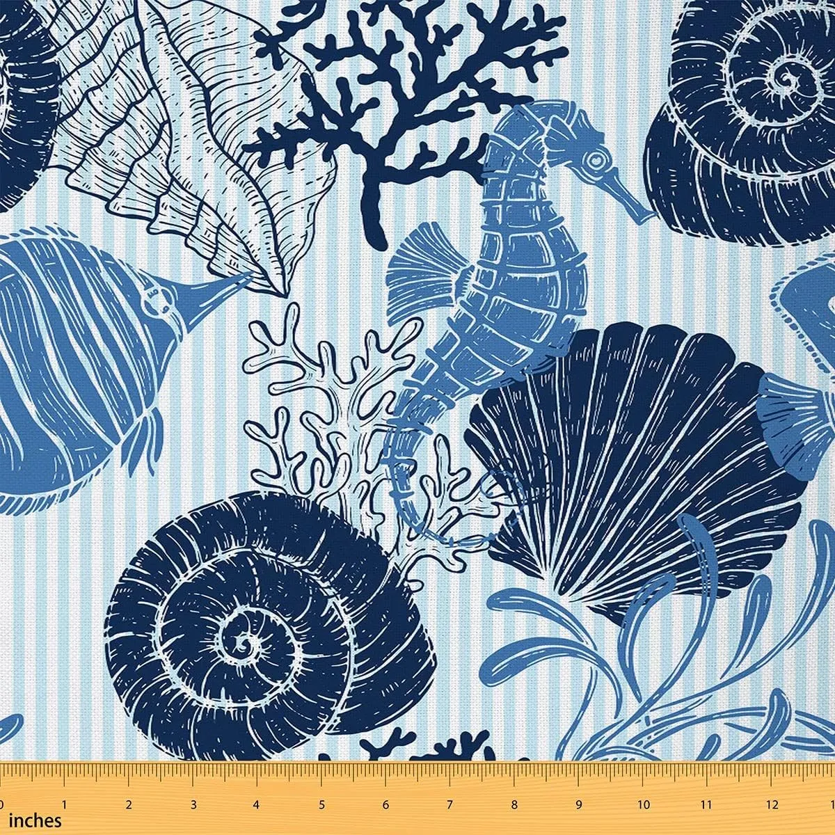 jejeloiu Seahorse Fabric by The Yard, Ocean Shell Fish Coral Upholstery Fabric, Sea Creatures Sealife Outdoor Fabric, Marine Blue Stripes Reupholstery Fabric for Chairs, 2 Yards, Navy Blue