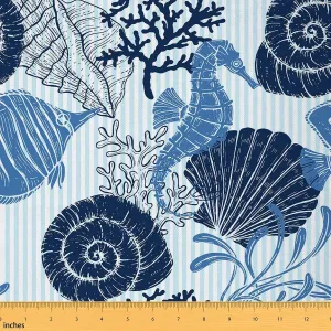 jejeloiu Seahorse Fabric by The Yard, Ocean Shell Fish Coral Upholstery Fabric, Sea Creatures Sealife Outdoor Fabric, Marine Blue Stripes Reupholstery Fabric for Chairs, 2 Yards, Navy Blue