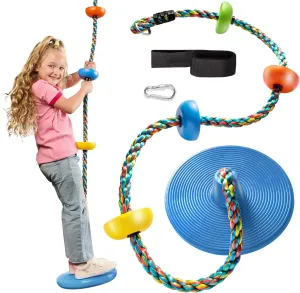 Jungle Gym Kingdom Tree Swing for Kids - Single Disc Seat and Rainbow Climbing Rope Set w/Carabiner and 2.6 Foot Strap - Treehouse and Outdoor Playground Accessories - Blue