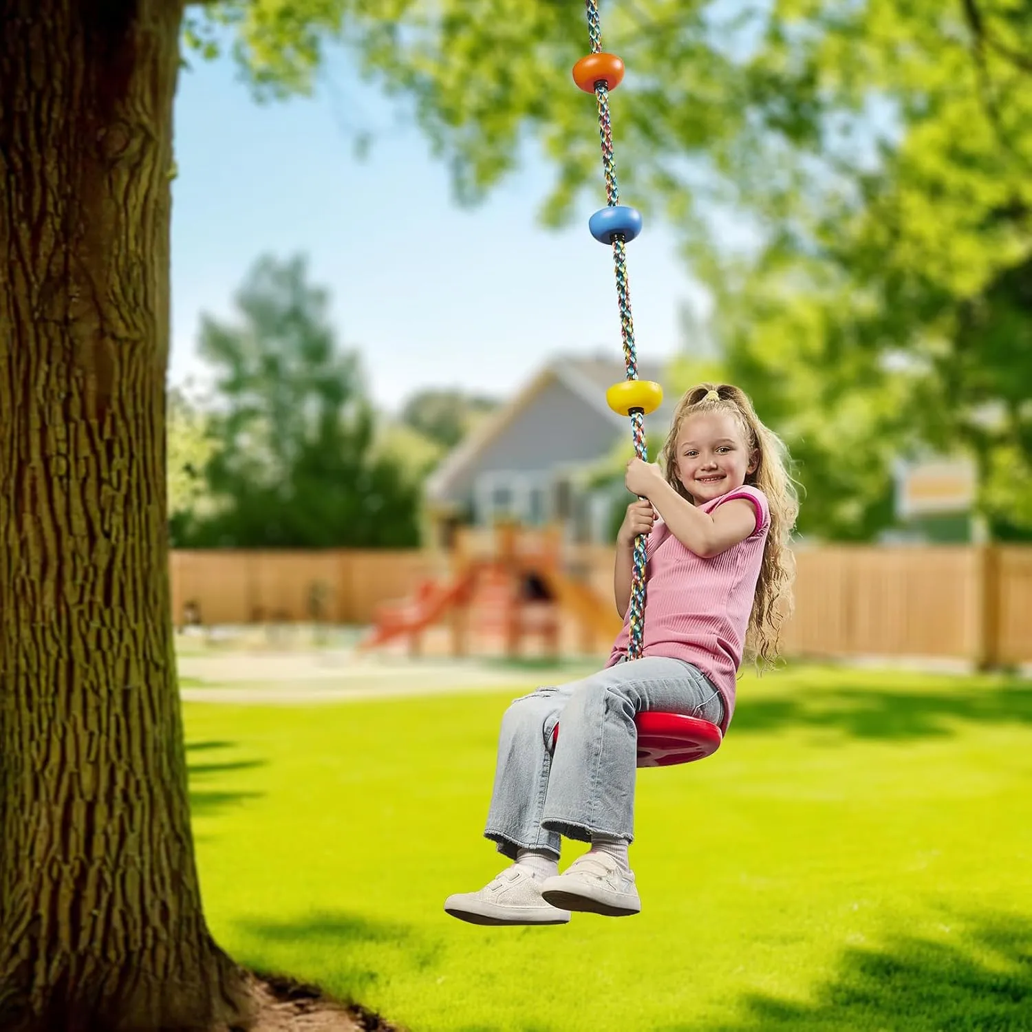 Jungle Gym Kingdom Tree Swing for Kids - Single Disc Seat and Rainbow Climbing Rope Set w/Carabiner and 2.6 Foot Strap - Treehouse and Outdoor Playground Accessories - Blue
