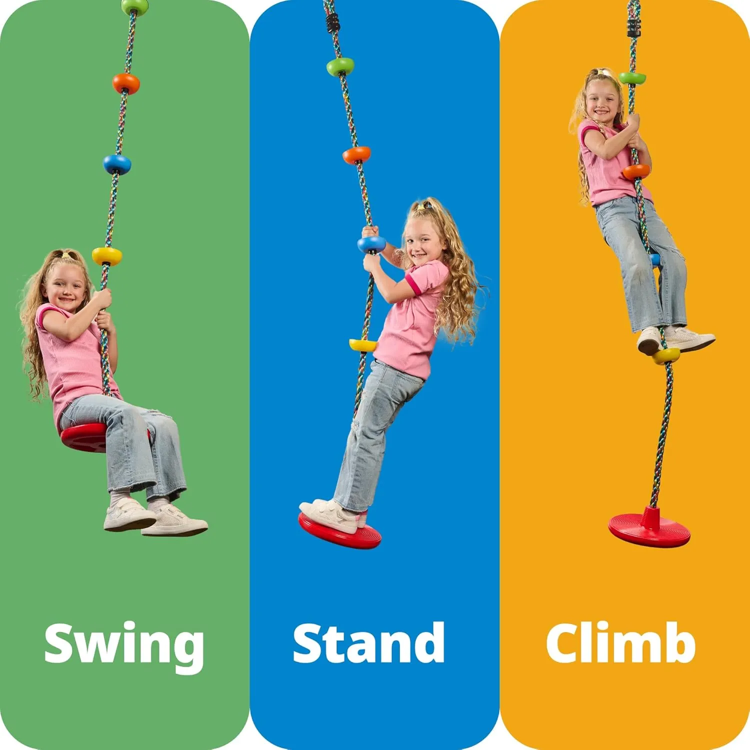 Jungle Gym Kingdom Tree Swing for Kids - Single Disc Seat and Rainbow Climbing Rope Set w/Carabiner and 2.6 Foot Strap - Treehouse and Outdoor Playground Accessories - Blue