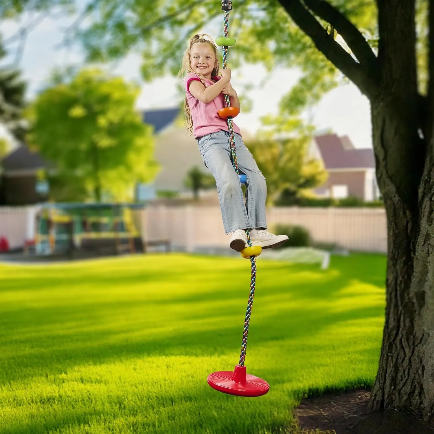 Jungle Gym Kingdom Tree Swing for Kids - Single Disc Seat and Rainbow Climbing Rope Set w/Carabiner and 2.6 Foot Strap - Treehouse and Outdoor Playground Accessories - Blue
