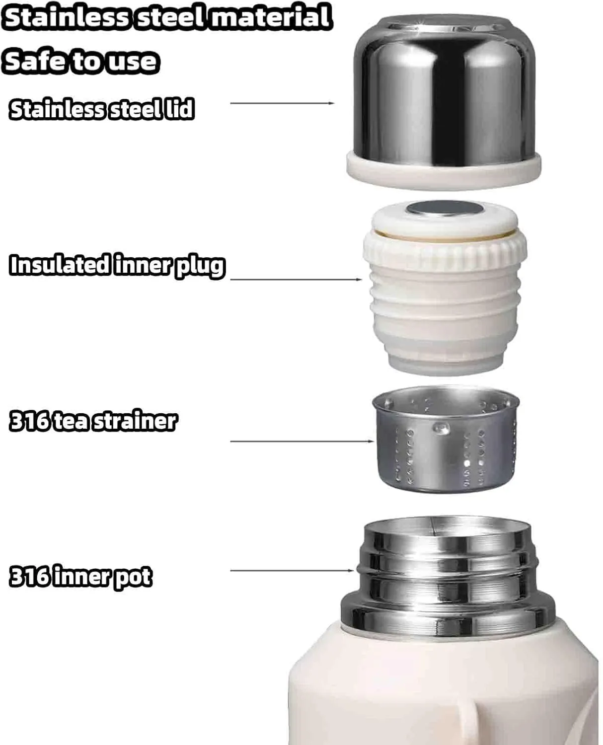 JUSHZ Mens Water Bottle Water Bottles Gym Leakproof Stainless Steel Adult with Filter Thermos Flask Vacuum Flasks Insulated with Handle Large Capacity Portable Car Travel (1200ml,White)