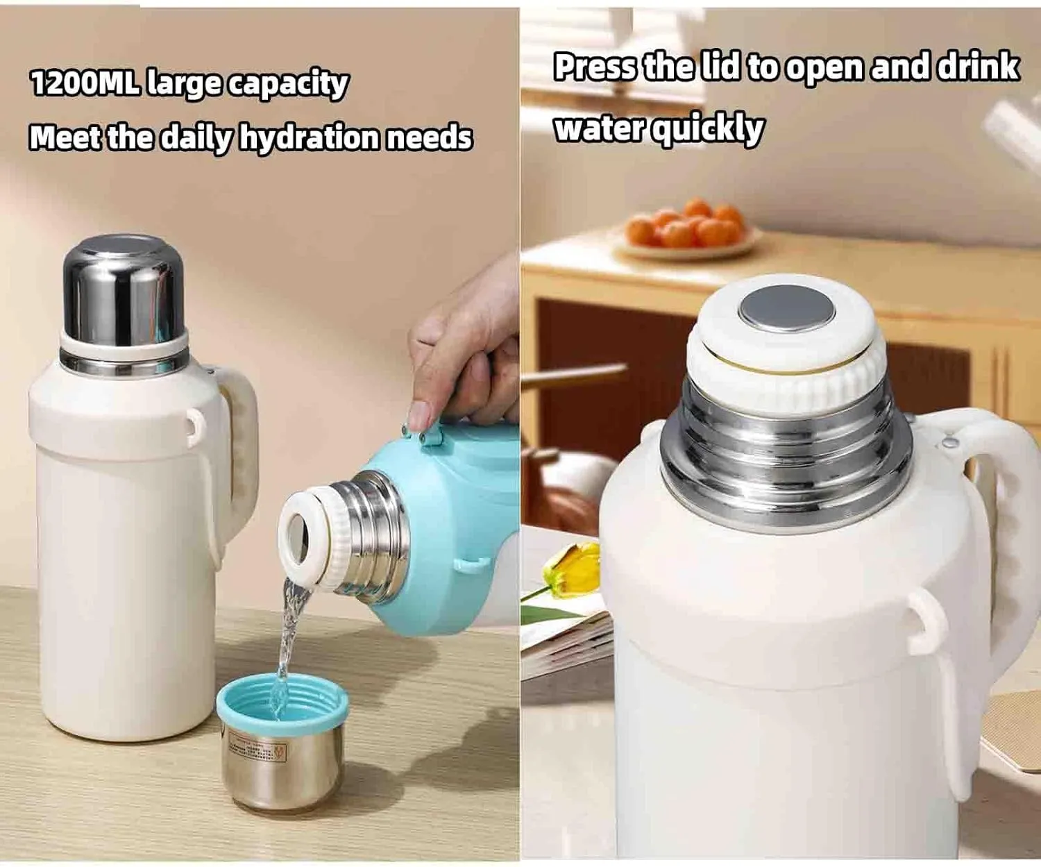 JUSHZ Mens Water Bottle Water Bottles Gym Leakproof Stainless Steel Adult with Filter Thermos Flask Vacuum Flasks Insulated with Handle Large Capacity Portable Car Travel (1200ml,White)