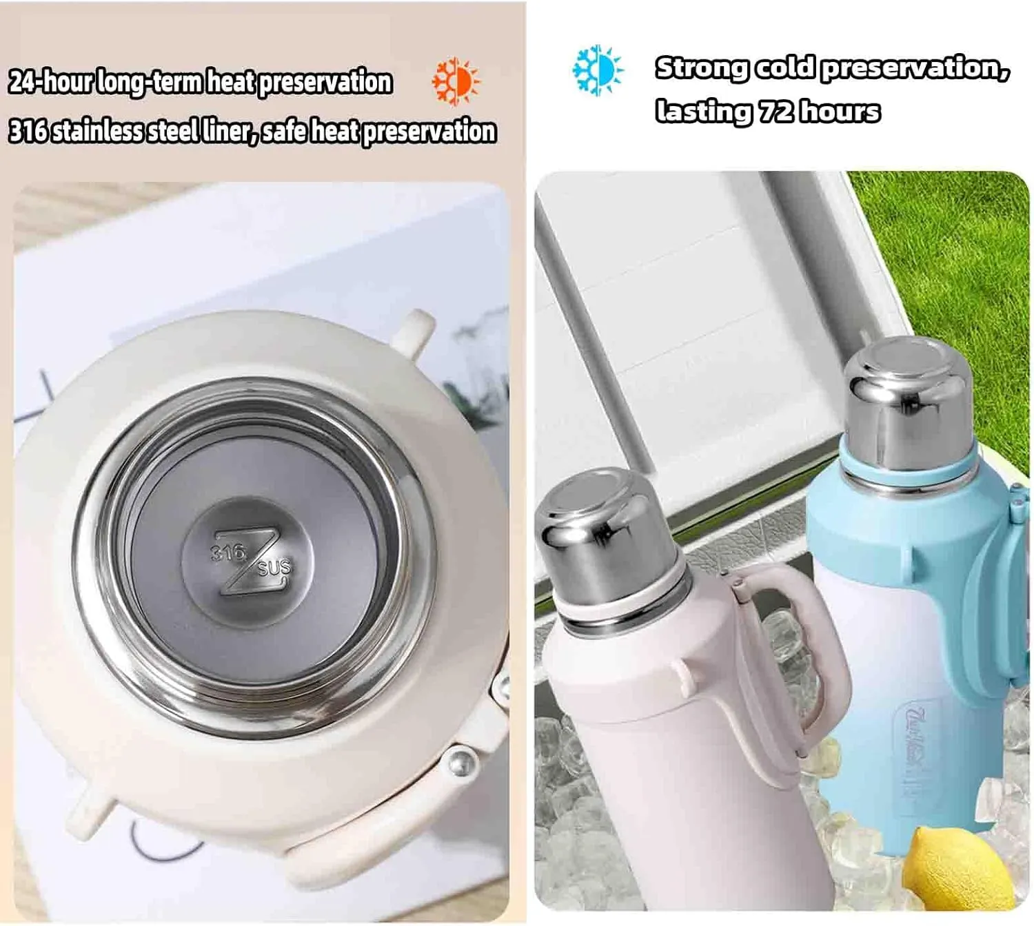 JUSHZ Mens Water Bottle Water Bottles Gym Leakproof Stainless Steel Adult with Filter Thermos Flask Vacuum Flasks Insulated with Handle Large Capacity Portable Car Travel (1200ml,White)