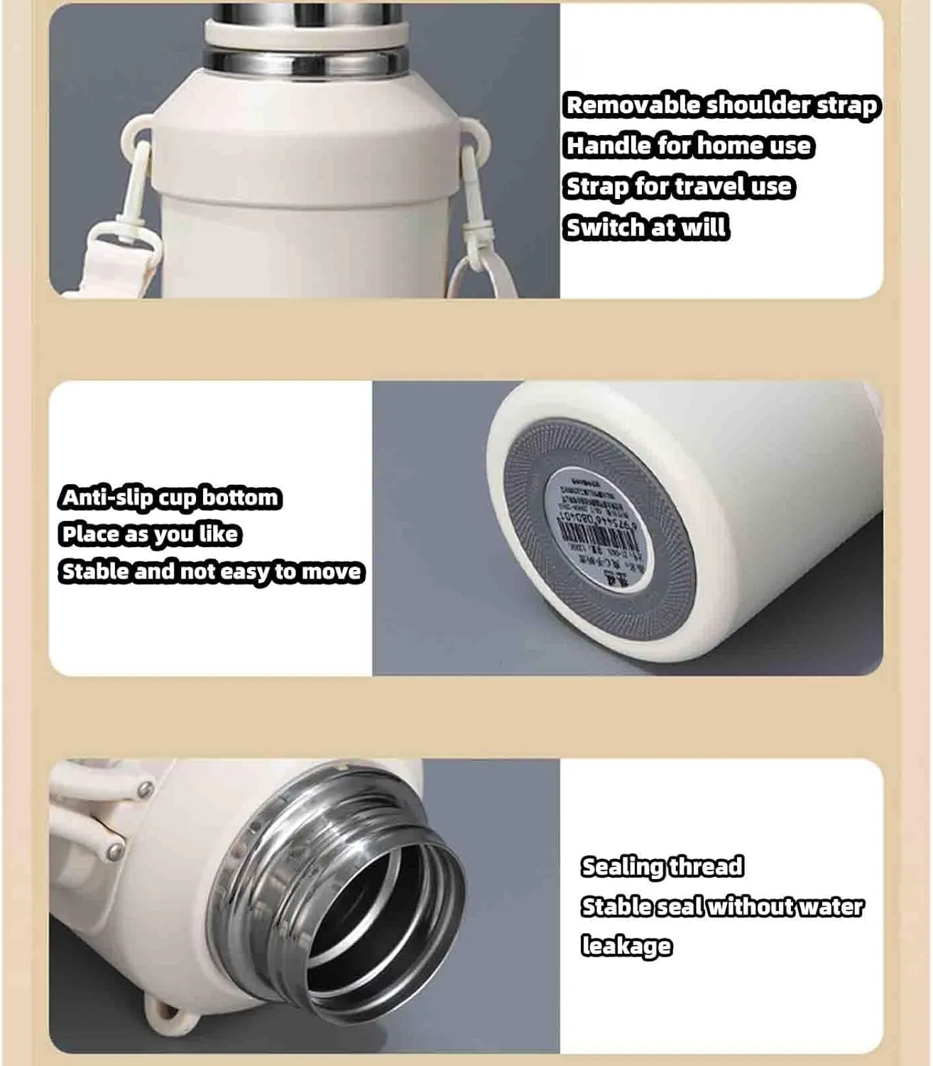 JUSHZ Mens Water Bottle Water Bottles Gym Leakproof Stainless Steel Adult with Filter Thermos Flask Vacuum Flasks Insulated with Handle Large Capacity Portable Car Travel (1200ml,White)