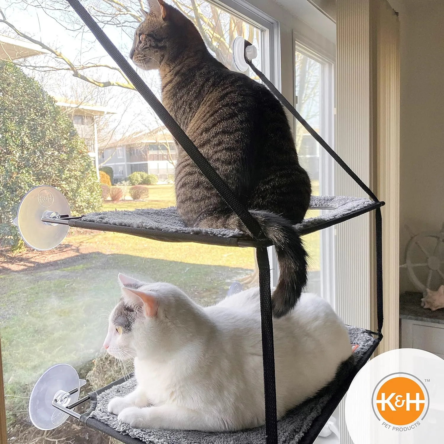 K&H Pet Products EZ Mount Double Stack Cat Window Perch for Large Cats, Sturdy Window Hammock Bed, Steel Frame, Sturdy Suction Cups, 2 Washable Shelf Covers, Foldable - Fits 27"W X 31"H Glass Spaces