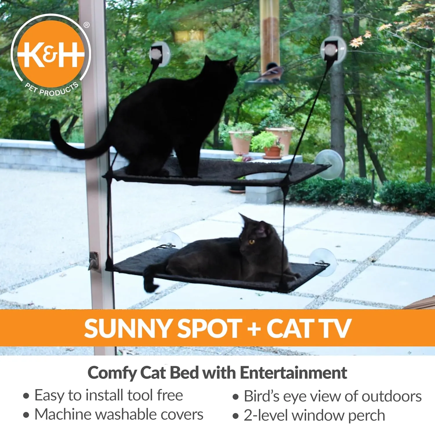 K&H Pet Products EZ Mount Double Stack Cat Window Perch for Large Cats, Sturdy Window Hammock Bed, Steel Frame, Sturdy Suction Cups, 2 Washable Shelf Covers, Foldable - Fits 27"W X 31"H Glass Spaces