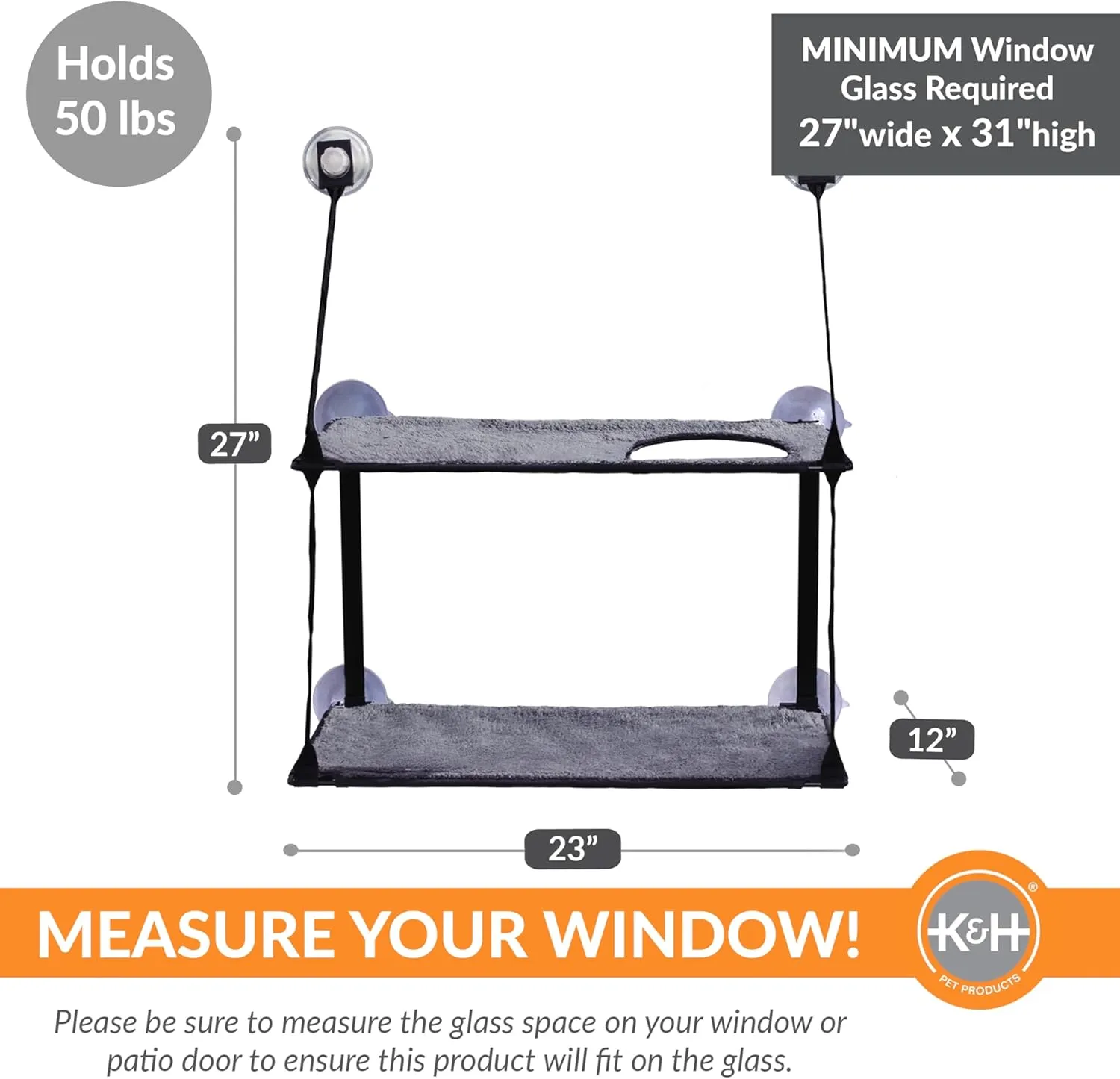 K&H Pet Products EZ Mount Double Stack Cat Window Perch for Large Cats, Sturdy Window Hammock Bed, Steel Frame, Sturdy Suction Cups, 2 Washable Shelf Covers, Foldable - Fits 27"W X 31"H Glass Spaces