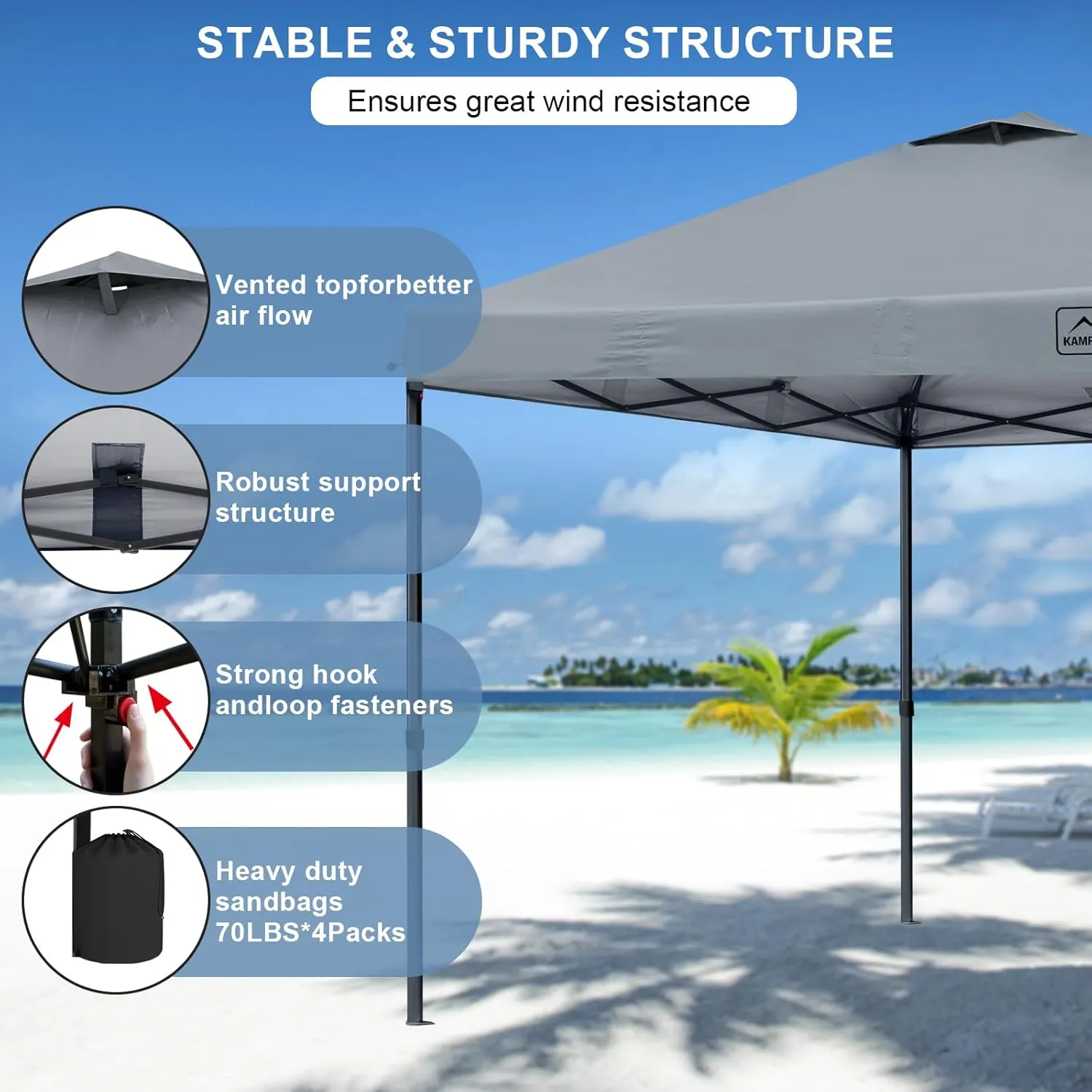 KAMPKEEPER 10x10 Pop Up Canopy Tent with 2 Sidewalls, Beach Tent - Easy Outdoor Sun Shade for Events, Parties, Camping - Gazebo with 4 Weight Bags & Carry Bag.（Grey）