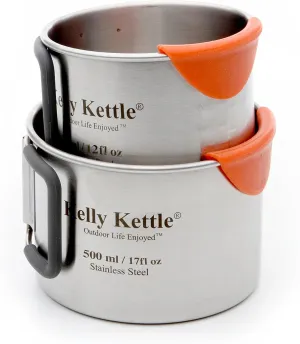 Kelly Kettle Camping Cups 17 oz. Large Cup 12 oz. Small Cup. Stainless Steel - Lip Guard - Packable