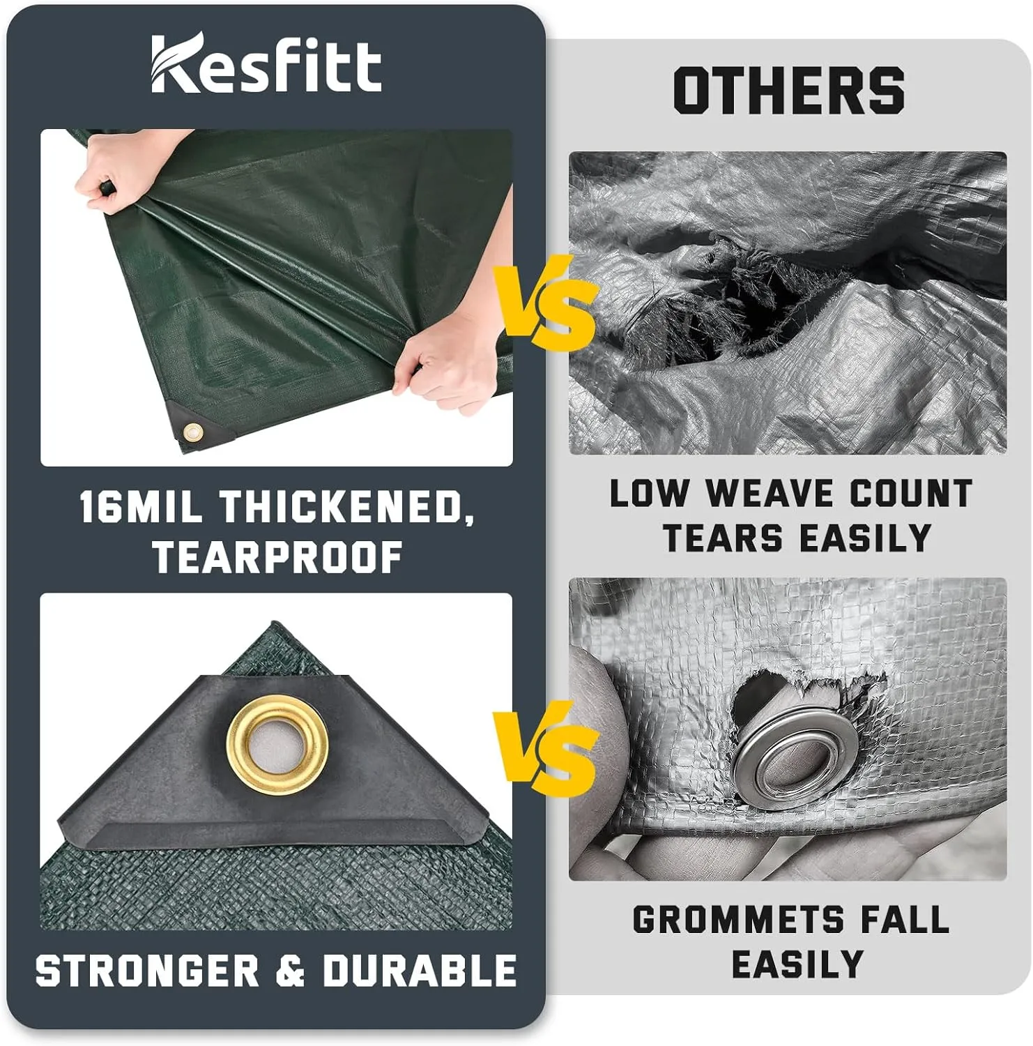 Kesfitt Tarp Heavy Duty Waterproof 10x10FT, 16 Mil Thick Tarps Tear&Fade Resistant, UV Resistant, Poly Tarp Cover with Grommets and Reinforced Edges for Outdoor Camping Pools Boat Car(Green/Blue)