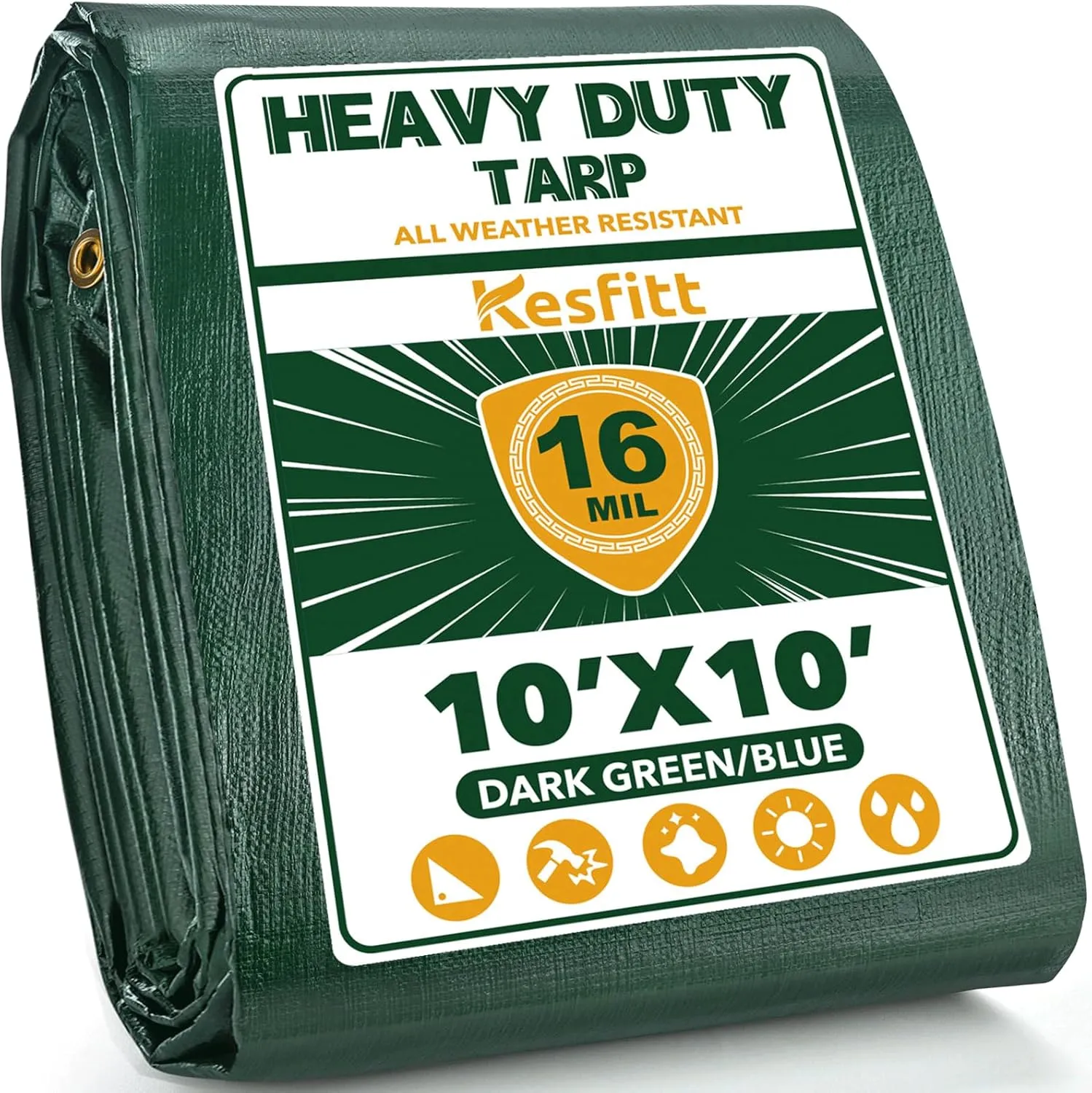 Kesfitt Tarp Heavy Duty Waterproof 10x10FT, 16 Mil Thick Tarps Tear&Fade Resistant, UV Resistant, Poly Tarp Cover with Grommets and Reinforced Edges for Outdoor Camping Pools Boat Car(Green/Blue)