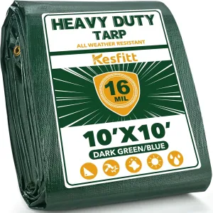 Kesfitt Tarp Heavy Duty Waterproof 10x10FT, 16 Mil Thick Tarps Tear&Fade Resistant, UV Resistant, Poly Tarp Cover with Grommets and Reinforced Edges for Outdoor Camping Pools Boat Car(Green/Blue)