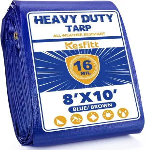 Kesfitt Tarp Heavy Duty Waterproof 8x10FT,16 Mil Thick Tarps Tear&Fade Resistant,UV Resistant,Poly Tarp Cover with Grommets and Reinforced Edges for Outdoor Camping Pools Boat Car(Blue/Brown)