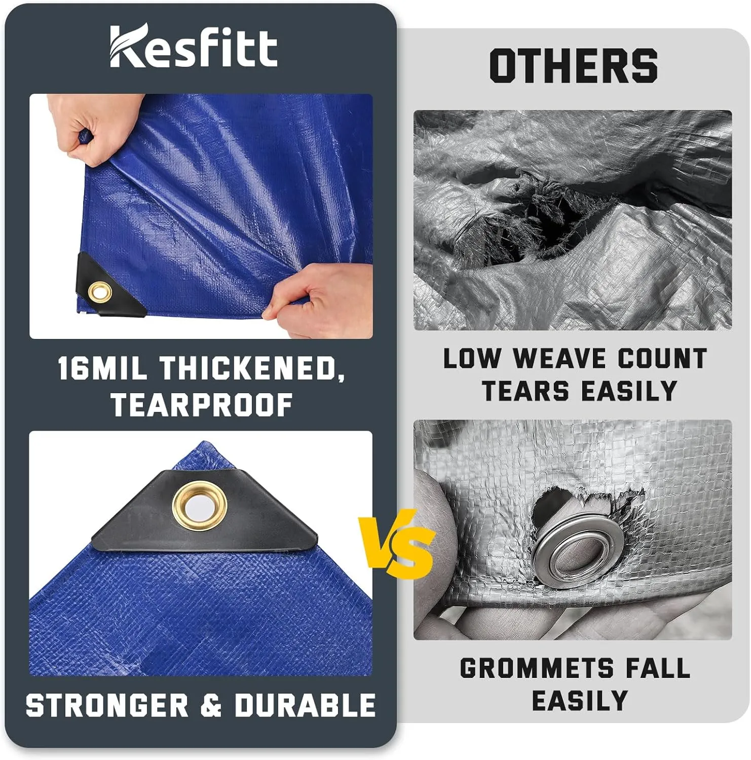 Kesfitt Tarp Heavy Duty Waterproof 8x10FT,16 Mil Thick Tarps Tear&Fade Resistant,UV Resistant,Poly Tarp Cover with Grommets and Reinforced Edges for Outdoor Camping Pools Boat Car(Blue/Brown)