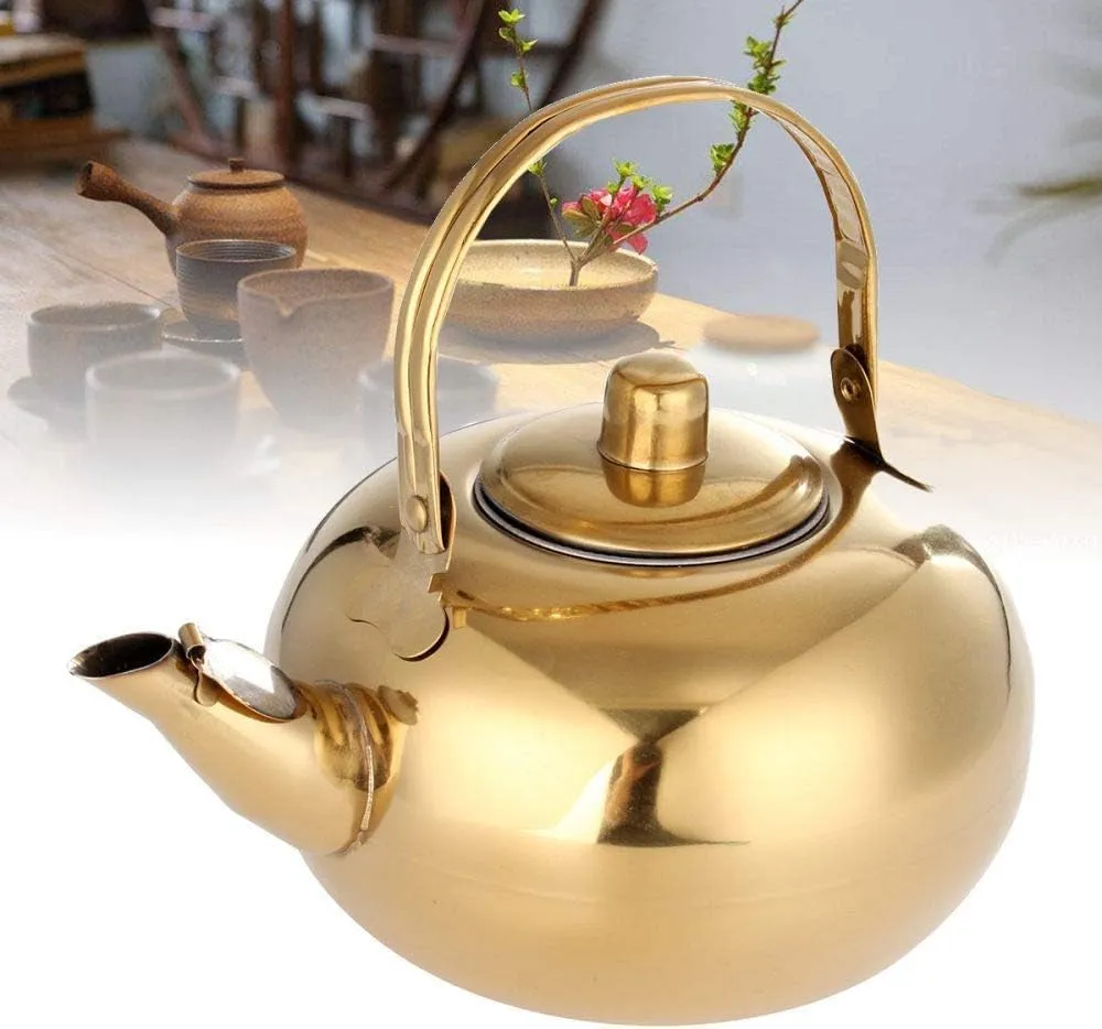Kettle,Stainless Steel Tea Pot Gold Tea Kettle with Tea Strainer Outdoor Camping Tea Set Flower Tea Kettle Kitchen Water Pot, Quick Boil Kettle-1L