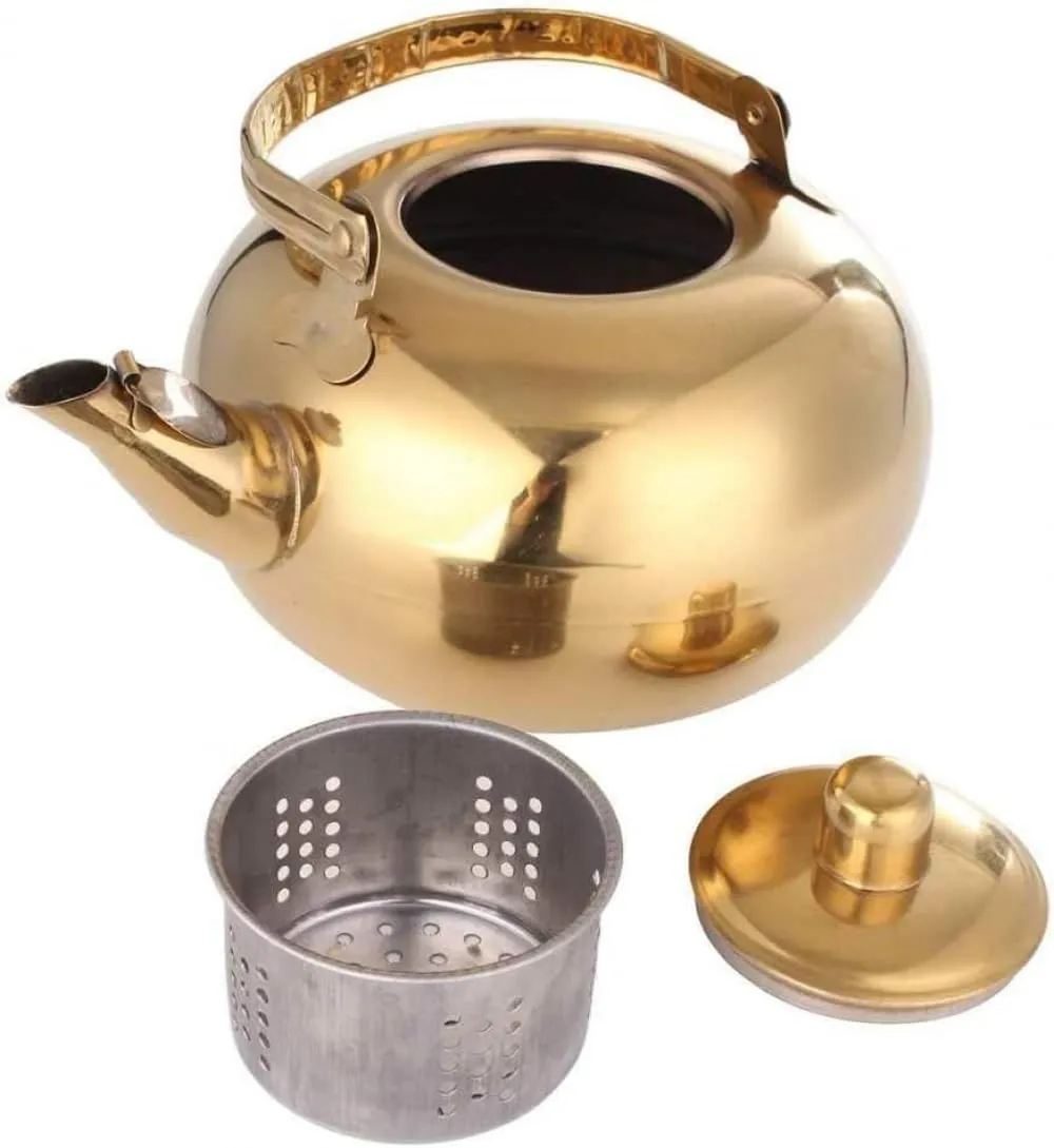 Kettle,Stainless Steel Tea Pot Gold Tea Kettle with Tea Strainer Outdoor Camping Tea Set Flower Tea Kettle Kitchen Water Pot, Quick Boil Kettle-1L