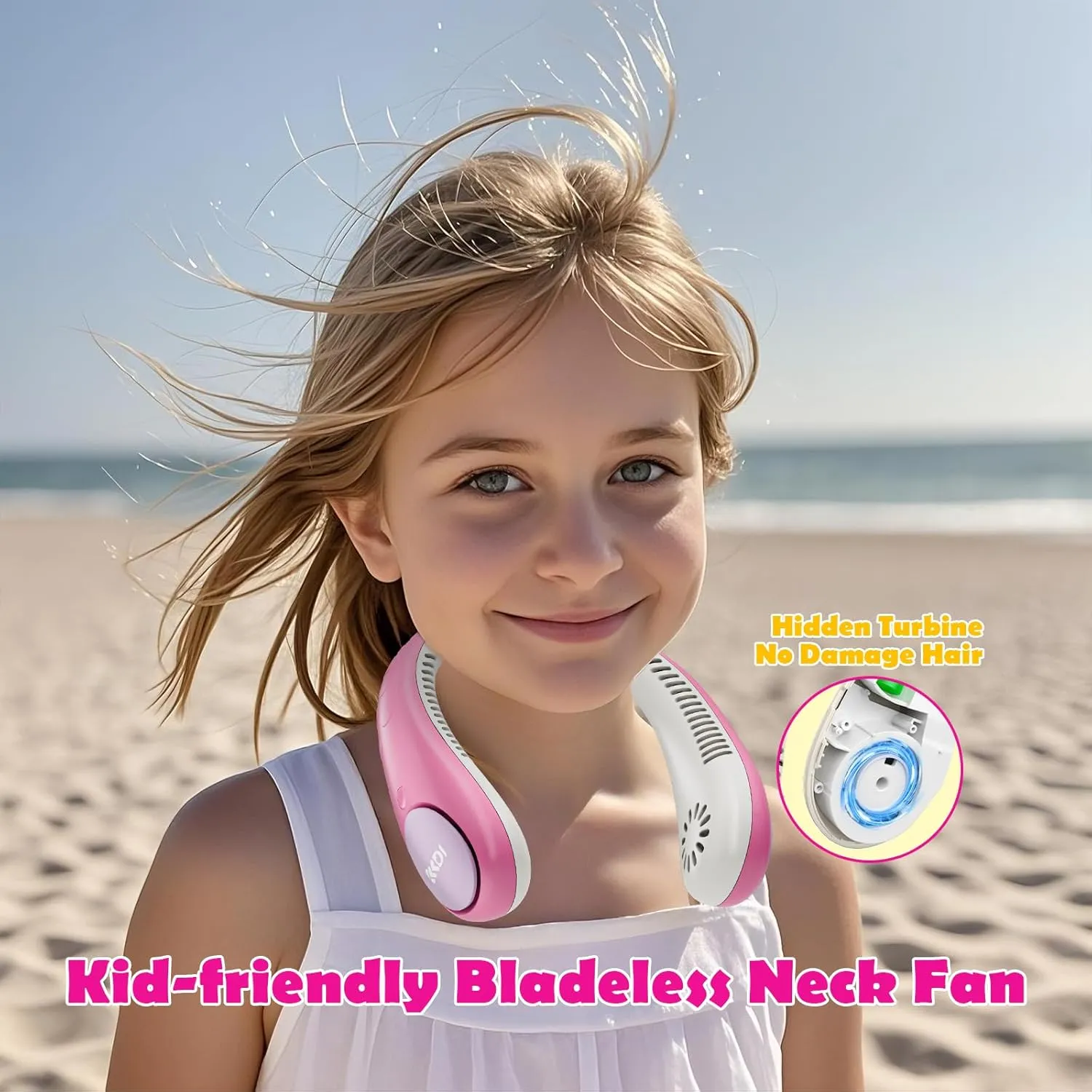 Kids Neck Fan, Portable Bladeless Neck Fan for Kids, 2600mAh Rechargeable Cooling Fan for 4-14Y Girls Boys, 4 Speeds & Lightweight Wearable Quiet Fan for Study/Camping/Travel