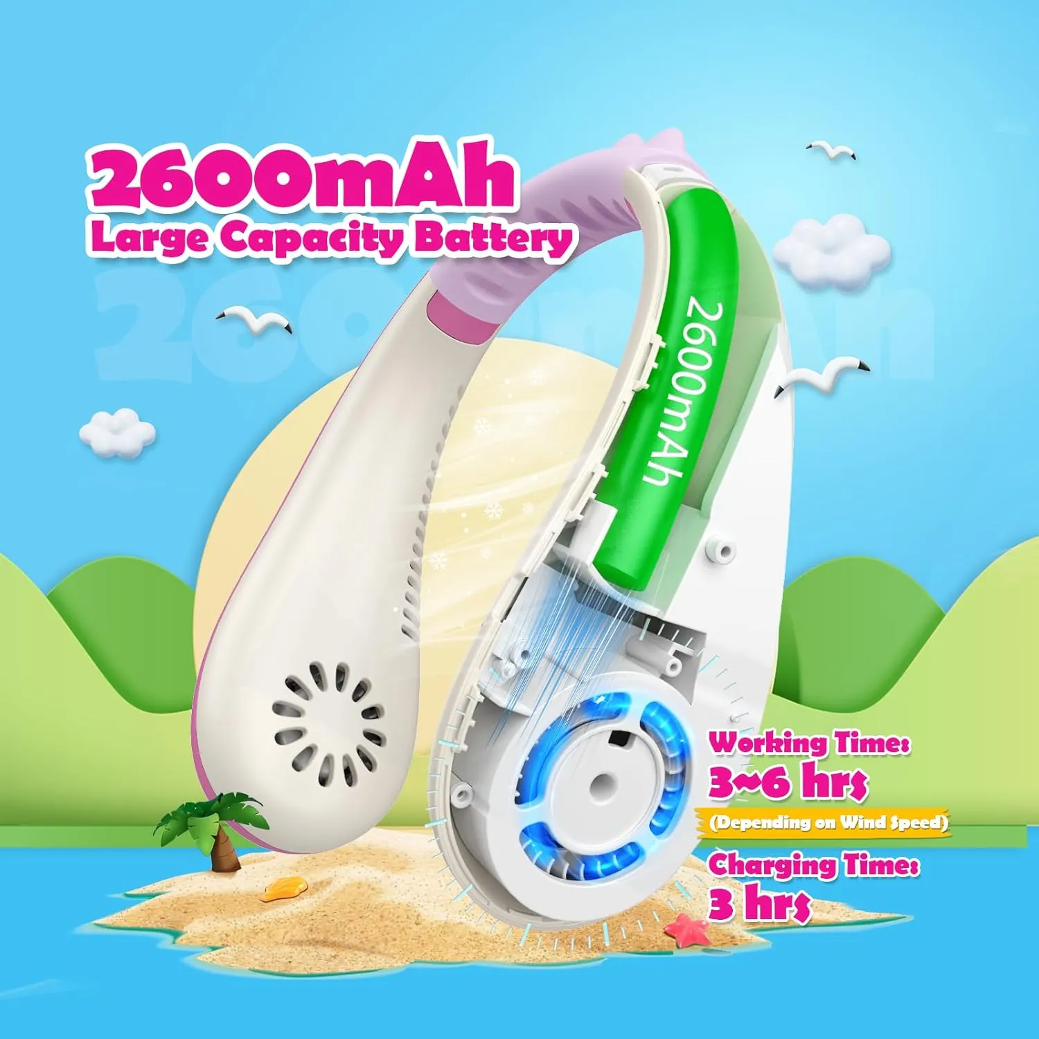 Kids Neck Fan, Portable Bladeless Neck Fan for Kids, 2600mAh Rechargeable Cooling Fan for 4-14Y Girls Boys, 4 Speeds & Lightweight Wearable Quiet Fan for Study/Camping/Travel