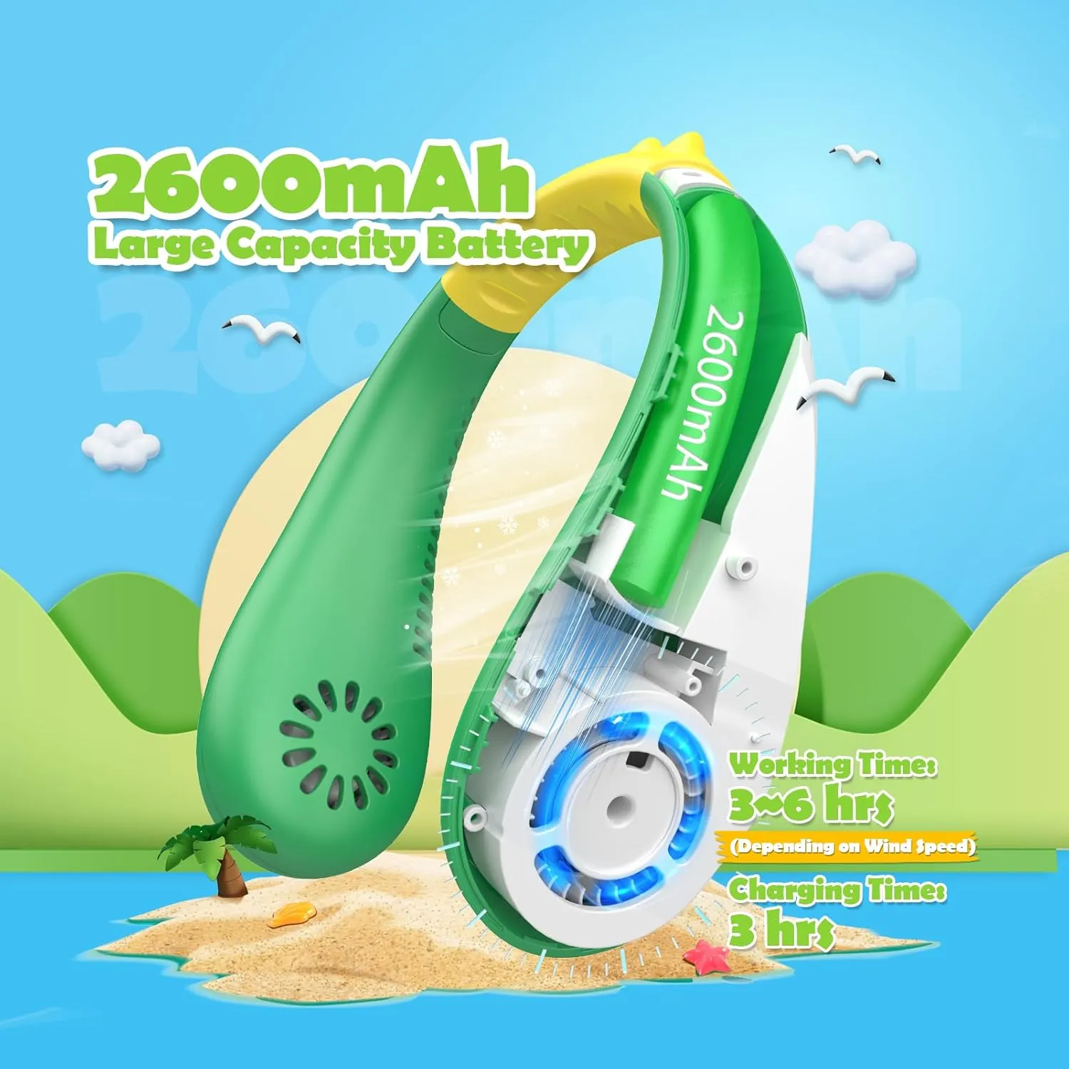 Kids Neck Fan, Portable Bladeless Neck Fan for Kids, 2600mAh Rechargeable Cooling Fan for 4-14Y Girls Boys, 4 Speeds & Lightweight Wearable Quiet Fan for Study/Camping/Travel