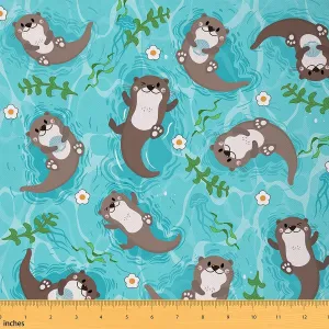 Kids Otter Fabric by The Yard 2 Yards Bank Beaver Upholstery Fabric for Chairs for Boys Girls Cartoon Animal Decorative Waterproof Outdoor Fabric Cute Kawaii Blue Nature Theme Outdoor Fabric