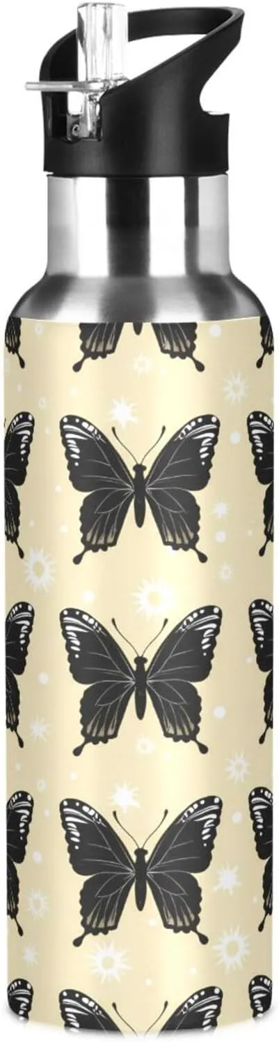 Kigai Black Butterflies Insulated Water Bottle with Straw Lid BPA-Free 20 oz Double Wall Vacuum Stainless Steel Leakproof Sports Water Bottle for Travel Fitness Gym