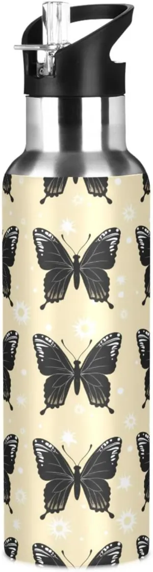 Kigai Black Butterflies Insulated Water Bottle with Straw Lid BPA-Free 20 oz Double Wall Vacuum Stainless Steel Leakproof Sports Water Bottle for Travel Fitness Gym