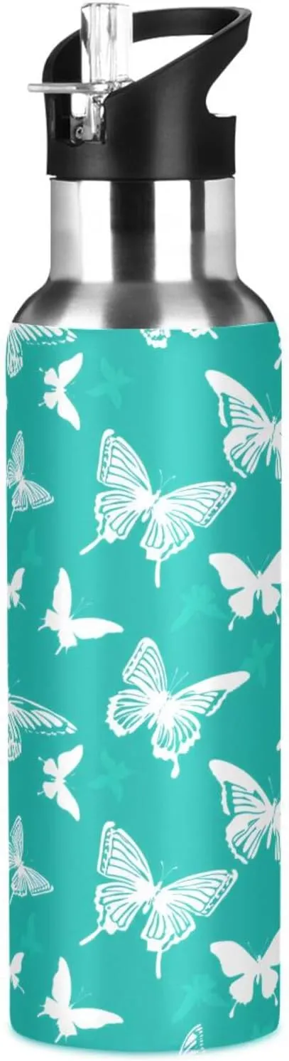 Kigai Butterfly Insulated Water Bottle with Straw Lid BPA-Free 20 oz Double Wall Vacuum Stainless Steel Leakproof Sports Water Bottle for Travel Fitness Gym