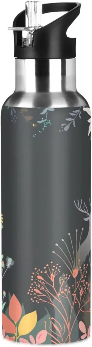 Kigai Deer Flower Insulated Water Bottle with Straw Lid BPA-Free 20 oz Double Wall Vacuum Stainless Steel Leakproof Sports Water Bottle for Travel Fitness Gym
