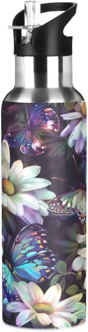 Kigai Flower Butterfly Insulated Water Bottle with Straw Lid BPA-Free 20 oz Double Wall Vacuum Stainless Steel Leakproof Sports Water Bottle for Travel Fitness Gym