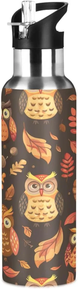 Kigai Owl Leaves Insulated Water Bottle with Straw Lid BPA-Free 20 oz Double Wall Vacuum Stainless Steel Leakproof Sports Water Bottle for Travel Fitness Gym