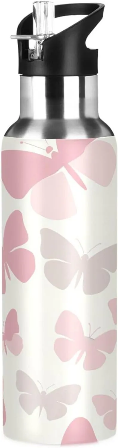 Kigai Pink Butterflies Insulated Water Bottle with Straw Lid BPA-Free 20 oz Double Wall Vacuum Stainless Steel Leakproof Sports Water Bottle for Travel Fitness Gym