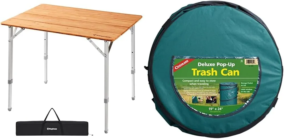 KingCamp Bamboo Camp Table and Coghlan's Pop-Up Trash Can Bundle for Camping and Outdoor Activities