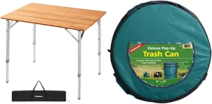 KingCamp Bamboo Camp Table and Coghlan's Pop-Up Trash Can Bundle for Camping and Outdoor Activities